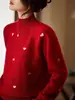 Suéter Jacquard Amor Outono e Inverno Casual 100% Lã Feminino Preguiçoso Top Base Gola Alta Meia Vermelho 2025