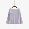 Blusa de tricô com visual de duas peças, estilo francês, para mulheres plus size, Outono 2026, top elegante com decote ombro a ombro para mulheres plus size 25135