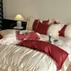 Juego de cuatro piezas de boda estilo francés con encaje y alto número de hilos, funda de edredón de jacquard de algodón amigable con la piel, colcha de boda roja, funda de edredón, ropa de cama