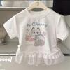 Camiseta de Renda Estilo Coreano Manga Curta para Meninas Verão Nova Bebê Fofa Estampada de Desenho Animado Gato Manga Meia