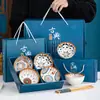 Juego de Cuencos de Porcelana Azul y Blanco Práctico para Eventos de Inauguración y Regalos, Juego de Regalo de Cuencos de Oso y Ciervo con Palillos y Vajilla, Estilo Chino Creativo Pequeño