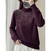 Outono/Inverno 2026 Novo Tricô de Gola Alta Manga Longa Feminino Cor Sólida Strass Hot Fix Miçangas Solto Camada Base Top