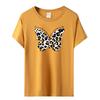Camiseta feminina casual de manga curta, tamanho grande, solta, europeia e americana, com estampa de borboletas, Be Bright Be Happy, em estoque