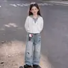 Conjunto de Dos Piezas de Moda Estilo Coreano para Chicas Dulces 2026 con Sudadera con Capucha Color Block y Jeans con Colgante de Gato