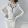 Mzoxom Ropa de Punto Elegante con Cuello Polo para Mujer Diseño de Color Contrastante Suéter de Punto de Gama Alta