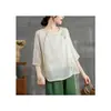 Camisa de linho bordada de manga três quartos para mulheres, uso diário de verão, Hanfu modificado, vestido de chá vintage abotoado, blusa elegante