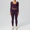 Set Moldeador de Yoga Europeo y Americano Suave Doble Cepillado Cuello en V Profundo Manga Larga Pantalones Ajustados Ropa Deportiva de Fitness 62628+52341