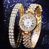 Relógio de Quartzo Luxuoso da Moda Cravejado de Diamantes + Pulseira de Camada Dupla 2 Peças/Conjunto Presente Requintado Venda Direta da Fábrica Mostrador Grande