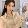 Camisa Blanca de Lujo con Lentejuelas y Mangas Largas para Mujer, Estilo Francés Primavera y Verano, Diseño Falso de Dos Piezas, Camisa de Nicho, Top Elegante