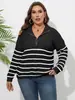 Suéter Feminino Novo Estilo Transfronteiriço Europeu e Americano Tamanho Grande Feminino Tricô Listrado Patchwork Gola Alta com Zíper Solto Suéter Tecido