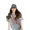 Camiseta de Algodón Puro con Parches de Encaje a Rayas de Estilo Suave para Mujer, Versión Coreana, Diseño Holgado con Graffiti que Reduce la Edad, Top Adelgazante