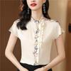 Camisa estampada de seda feminina verão 2023, nova blusa francesa elegante e redutora de idade para viagem e emagrecimento