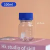 Botella de Reactivo con Tapa Azul, Botella de Vidrio Transparente con Escala, Botella de Medicina de Laboratorio, Botella Vacía, Botella Redonda Marrón para Muestreo