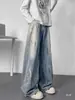Elegantes jeans rotos con salpicaduras de pintura para hombre, estilo americano de alta costura para otoño, pantalones anchos fluidos, pantalones rectos holgados de moda