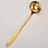 Colher para Panela Quente de Aço Inoxidável Dourada com Cabo Longo Espesso, Colher de Sopa Anti-Queimadura, Concha de Sopa Doméstica com Furo, Conjunto de Escorredores de Cozinha