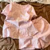 Conjunto de Pijama Rosa Dulce de Encaje Francés para Mujer Verano Cárdigan Manga Corta Pantalones Cortos Conjunto de Ropa para el Hogar