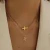 Estilo Minimalista Acero Inoxidable 26 Letras Cruz Doble Colgante Collar Cadena Clavícula Doble Ajustable para Mujeres
