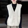 Chaleco de punto trenzado vintage 100% lana pura para mujer, cuello en V, sin mangas, cárdigan, suéter exterior cálido