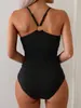 Bikini de dos piezas acanalado de color liso de estilo nuevo europeo y americano para mujer, con cuello en V, volantes, cordón, adelgazante, de cintura alta