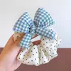 Scrunchie de Algodão com Laço de Bolinhas para Meninas Acessório de Cabelo Xadrez Elástico de Cabelo Corda para Coque Ornamento de Cabelo