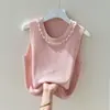 Camisola sin mangas de seda helada con cuentas para mujer 2025 Verano Nuevo Ropa interior sin mangas Camiseta base de punto Top Holgado Mostrando