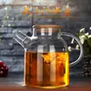 Tetera de Flor con Tapa de Madera Material de Vidrio de Borosilicato Alto Tetera de Agua Fría Resistente al Calor Transparente para el Hogar Olla para las Cuatro Estaciones Té de Frutas Cold Brew