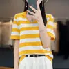Verano Nuevo Estilo Coreano Cuello de Muñeca Rayas Algodón Puro Manga Corta Mujer Corte Holgado Cuello Solapa Camiseta de Punto Camiseta Básica Casual