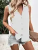Camisa de Gasa Casual de Color Puro con Cuello en V Holgada, Camisa Chaleco sin Mangas de Botón Retorcido a la Moda para Mujer, Colección Primavera y Verano 2025, Transfronteriza Europea y Americana
