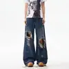 Jeans lavados estilo retro americano para hombre y mujer, pantalones de verano rotos desgastados, pantalones acampanados casuales versátiles de alta costura