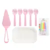 Plato de Papel Desechable para Pastel, Cuchillo y Tenedor, Combinación de Plato y Bolsa de Papel, Plato Rectangular y Juego de Tenedor, Vajilla, Cumpleaños, Juego Tres en Uno