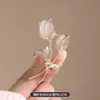 Exquisito Broche de Tulipán para Mujer de Alta Gama Perla Cristal Corsage Ojo de Gato Elegante Hebilla Pin para Chal Abrigo Traje