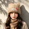 Gorro de lana grueso estilo coreano con orejas de gato para mujer con circunferencia de cabeza grande, gorro de punto cálido y afelpado para clima frío