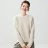 Suéter de tricô 100% caxemira pura estilo preguiçoso para mulheres, gola redonda, design vazado, caimento solto, mangas com ombros caídos, tricô macio e texturizado