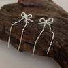 Pendientes largos sin orejas con borla de lazo, estilo coreano, con personalidad dulce, adelgazantes, con cadena de cuentas redondas y clip para el hueso de la oreja para mujer