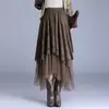 Saia midi vintage em camurça com retalhos vazados para mulheres, outono e inverno, saia irregular de cintura alta afunilada em A