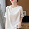 26 Anos de Estilos Novos de Primavera e Verão, Novo Estilo Chinês, Cetim Sedoso Gola Redonda Manga Curta Jacquard Lantejoula Soltinho Camiseta Base