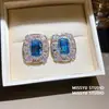 Aretes Oceánico Azul Arcoíris~Forma Ovalada Tachonados con Diamantes, Estilo Corte Francés, Aretes Lujosos, Aretes de Lujo Ligero de Gama Alta al por Mayor