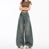 Jeans Feminino Retrô Transatlântico com Rasgos, Lâmina Curva, Primavera Verão, Solto, Caimento Fluido, Perna Larga, Calça Banana, Estilo Europeu Americano, Fino