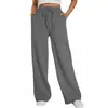 Pantalones de chándal casuales de pierna ancha para mujer Amazon, pantalones deportivos elásticos de cintura alta con cordón, pantalones largos holgados en stock, pantalones Lulu