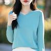 Nova Blusa de Tricô de Algodão Puro com Decote V para Primavera e Outono, Manga Longa, Macia, Solta, Cor Lisa Simples, Estilo Estrangeiro, Camada Base para Mulheres