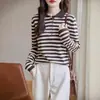 Suéter de tricô com gola polo de algodão listrado de manga comprida para mulheres, novo estilo de outono, caimento solto, emagrecedor, top com blocos de cor