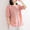 Camiseta de manga corta de color liso para mujer, verano 2024, nueva, holgada, artística, elegante, pequeña, retro, de algodón y lino, con cuello en V, a la moda