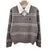 Camisa de malha com lapela e falso duas peças, retalhos listrados, estilo faculdade, temperamento versátil, novo top