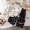 Traje de Moda para Niñas Primavera y Otoño Nuevo Lindo Sudadera con Estampado de Dibujos Animados Estilo Coreano Suéter de Encaje Conjunto de Dos Piezas