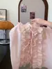 Blusa Feminina Rosa Estilosa Jovem de Alta Qualidade Estilo Francês com Decote V e Mangas Longas com Babados A10603