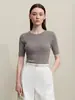 ¡Camiseta de punto de manga media! Top elegante de punto fino de manga corta con cuello redondo, sin costuras, 48 unidades, para mujer, Otoño temprano 26 H081406