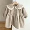 Novo Estilo Coreano Ins Roupas Femininas Infantis Primavera e Outono Vestido Doce Veludo Menina Vestido Princesa Gola de Renda Manga Longa