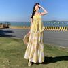 Traje Pastoral Redutor de Idade Feminino Verão Amarelo Dopamina Top com Alça no Pescoço Conjunto de Duas Peças Saia de Férias