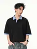 Camiseta de Manga Curta Estilo Americano da Nasa para Homens, Conjunto de Duas Peças de Verão com Polo Color Block e Gola Reversível, Caimento Solto, Design de Duas Peças com Manga Curta