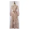Vestido de Manga Larga con Estampado, Corte A, Cinturón de Corbata, Efecto Adelgazante y Adornos de Pedrería, Moda Transfronteriza Europea y Americana para Mujer